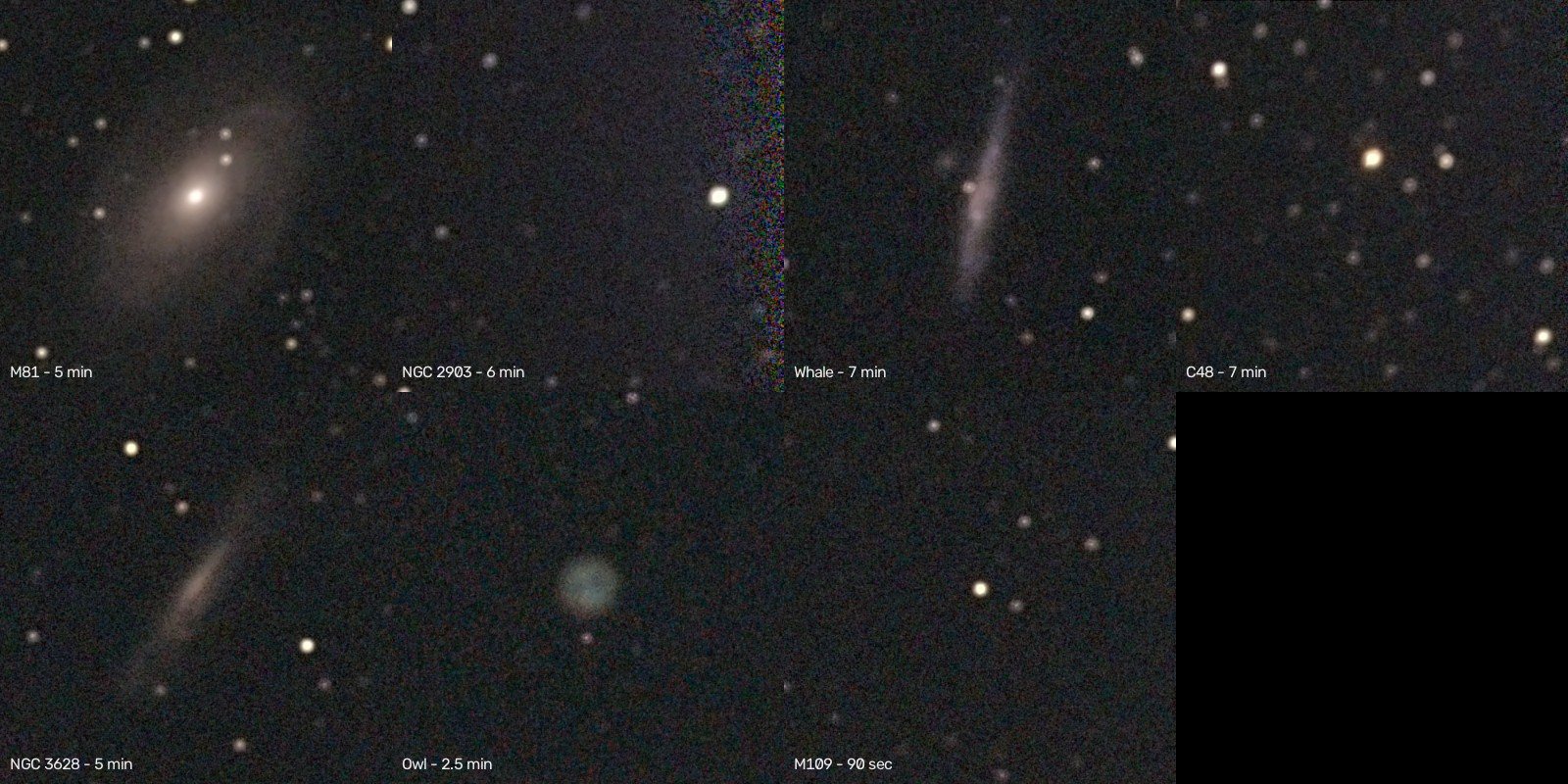 A contact sheet of seven early telescope attempts from March 2026 — faint, noisy captures of M81, NGC 2903, the Whale Galaxy, C48, NGC 3628, the Owl Nebula, and M109, each only a few minutes of exposure.