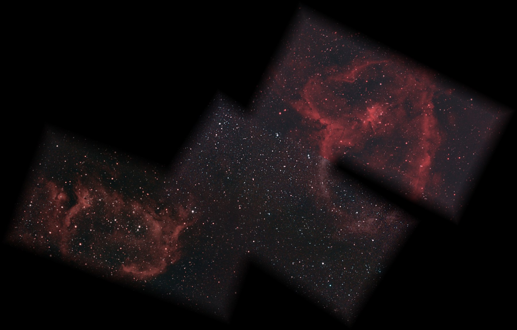 A three-panel mosaic of the Heart and Soul nebulae photographed from Lakeway, Texas with a ZWO Seestar S50 Pro: the Soul Nebula at lower left, the Heart Nebula at upper right, joined by a bridge panel of star field and faint red nebulosity, north up.