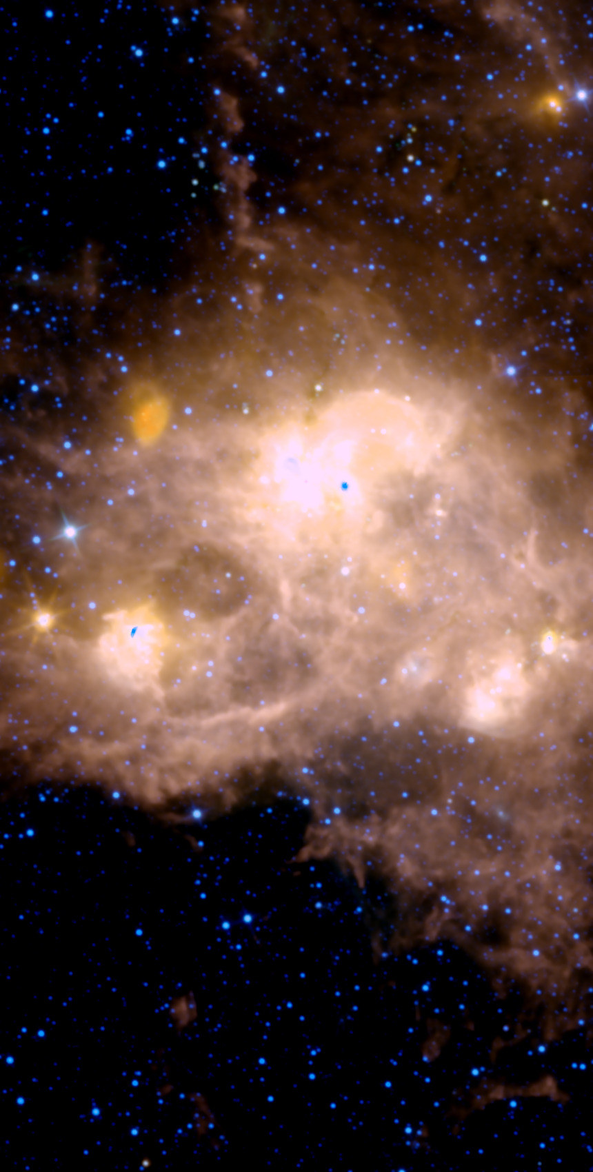 The Fishhead field in infrared from NASA WISE data, placed on the same framing as the backyard photo: a vast cloud of warm orange and white dust filling the middle of the frame, with a blazing white core just above the fish’s head.