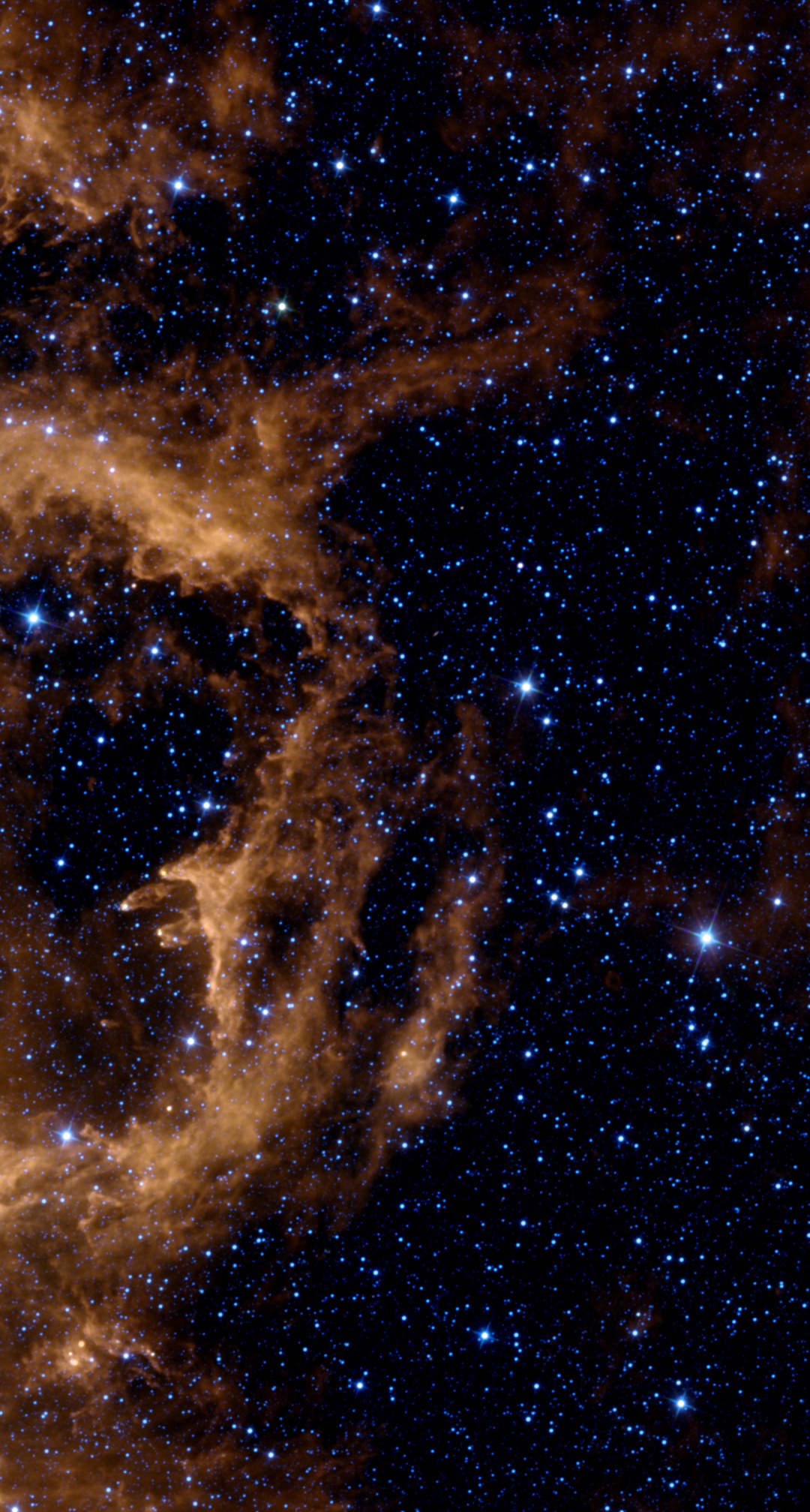 The Soul Nebula in infrared from NASA WISE data, star-registered to the same framing as the backyard photo — orange ridges of warm dust outlining the blown-out bubbles, with blue stars scattered across the field.