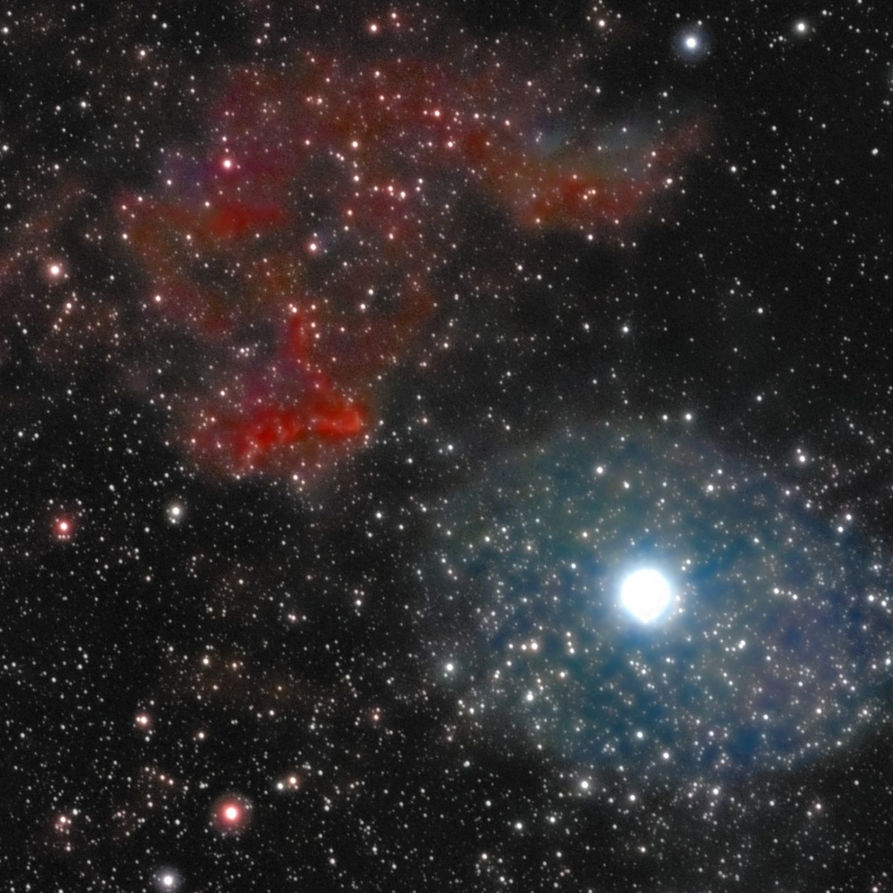 IC 63 and IC 59 photographed from Lakeway, Texas with a ZWO Seestar S50 Pro — red hydrogen arcs and a blue reflection cloud flanking the brilliant star Gamma Cassiopeiae, in a dense star field.