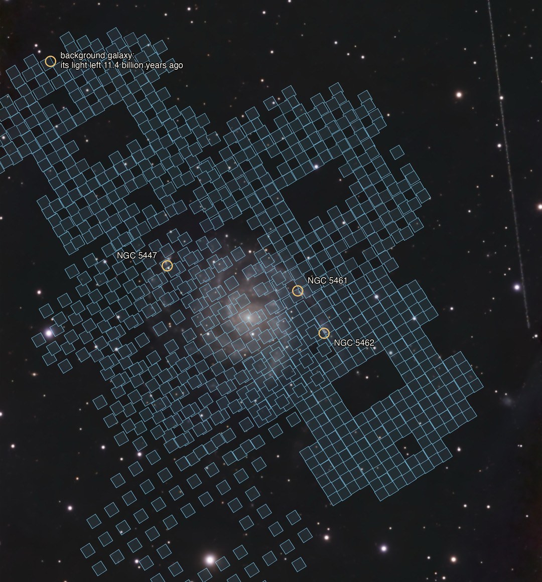 My backyard photo of the Pinwheel Galaxy overlaid with about 900 small tilted blue squares, the Hobby-Eberly Telescope fiber-bundle positions, tiling the galaxy in a patchwork with gaps. Gold circles mark three star-forming regions, NGC 5447, NGC 5461 and NGC 5462, and one faint background galaxy near the top-left corner.