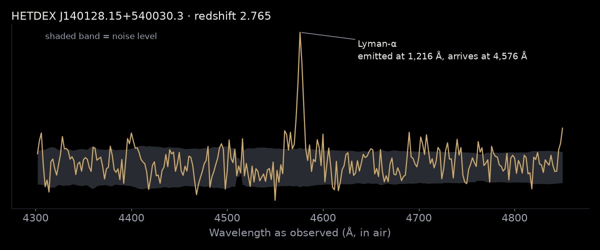 A noisy spectrum of a faint background galaxy with one clear spike at 4,576 angstroms, labeled Lyman-alpha, emitted at 1,216 angstroms. A gray band marks the noise level.