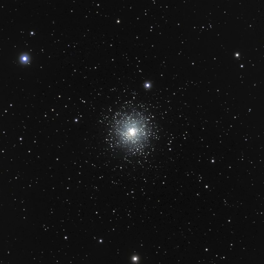 M15 photographed from Lakeway, Texas with a ZWO Seestar S50 — a dense globular cluster with a brilliant concentrated core and a halo of resolved stars, including visibly blue and gold members.