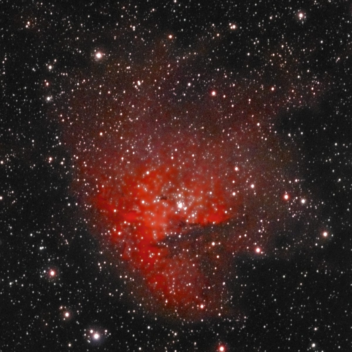 The Pacman Nebula (NGC 281) photographed from Lakeway, Texas with a ZWO Seestar S50 Pro — a round red emission nebula with dark dust lanes forming a wedge like an open mouth, around a central star cluster.