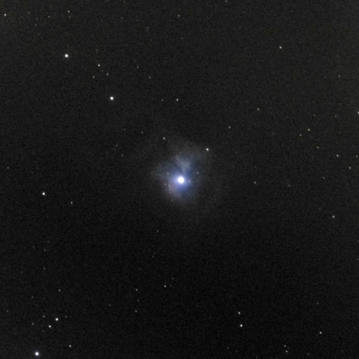 The Iris Nebula (NGC 7023) photographed from Lakeway, Texas with a ZWO Seestar S50 — a compact powder-blue reflection nebula wrapped around a bright central star, fading into a dark dusty field.