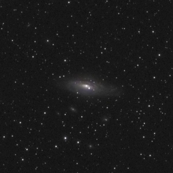 NGC 7331 photographed from Lakeway, Texas with a ZWO Seestar S50 — a tilted spiral galaxy with a visible dust lane and bright core, accompanied by several small faint companion galaxies scattered below it.
