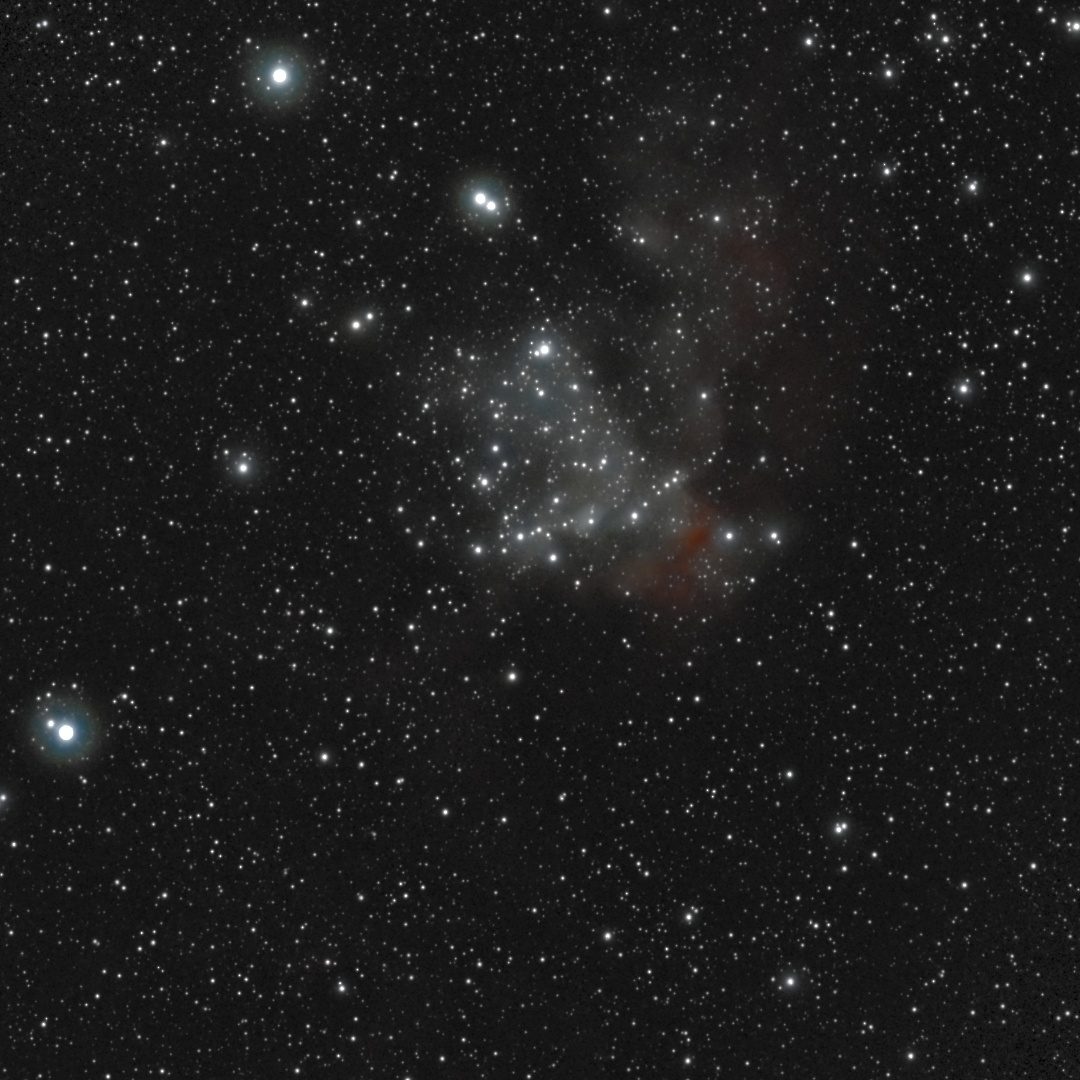 The Wizard Nebula (NGC 7380) photographed from Lakeway, Texas with a ZWO Seestar S50 — a young star cluster embedded in faint blue-gray nebulosity with a red hydrogen rim, in a rich Cepheus star field.