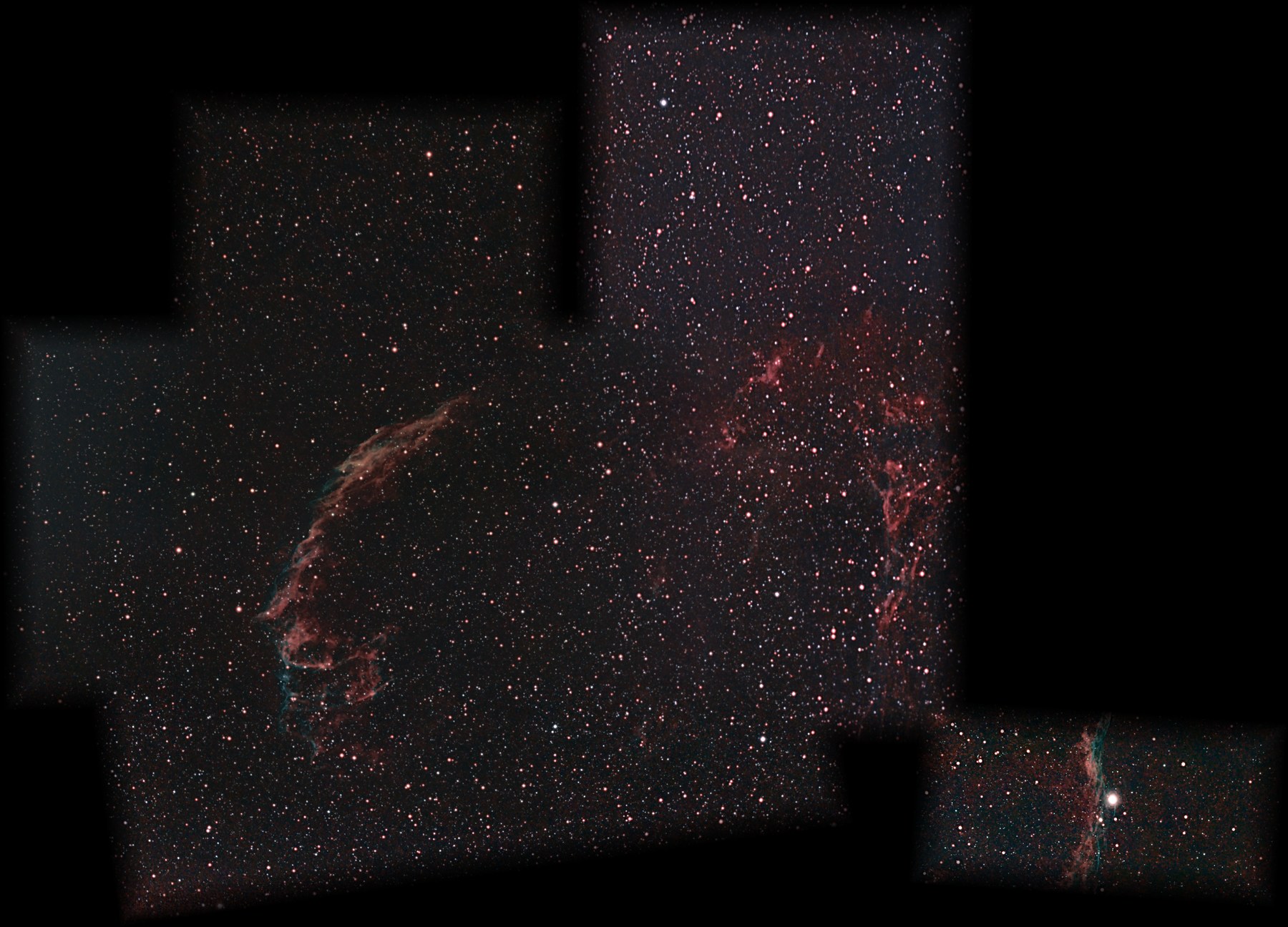 A mosaic in progress of the Veil Nebula photographed from Lakeway, Texas with two Seestar telescopes: the Eastern Veil arc at left, faint filaments around Pickering’s Triangle at center right, and the Witch’s Broom with the bright star 52 Cygni at lower right, north up.