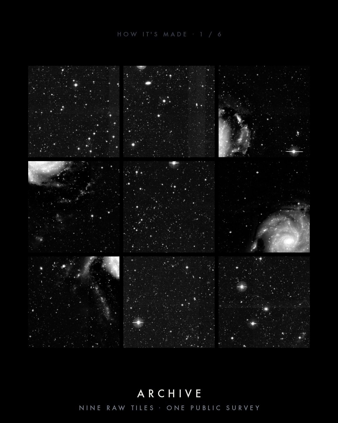 Stage 1, Archive: a three-by-three grid of nine raw survey tiles of M101 in grayscale, with mismatched sky levels between tiles.