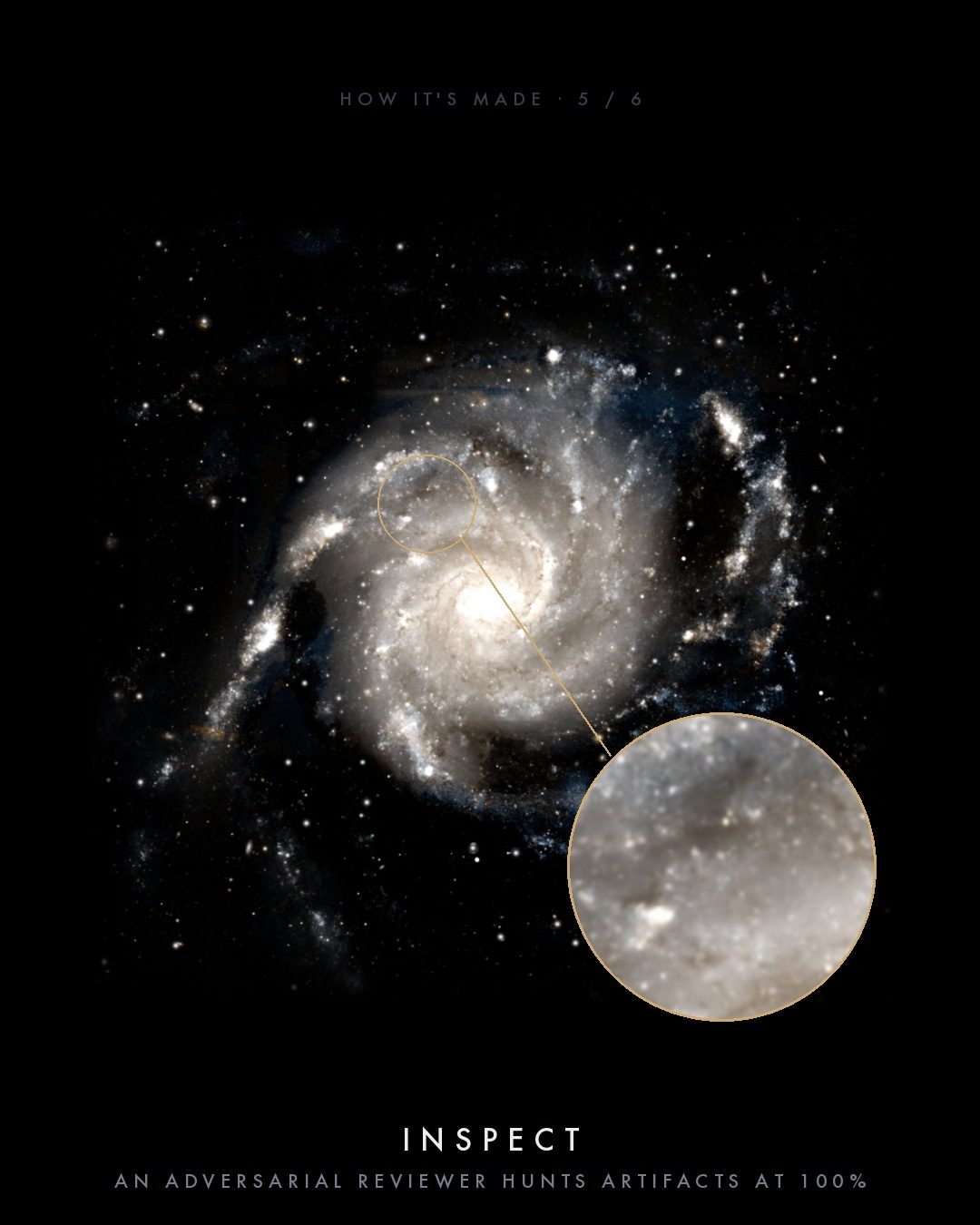 Stage 5, Inspect: the color image with a gold magnifier circle enlarging a section of a spiral arm for artifact review.