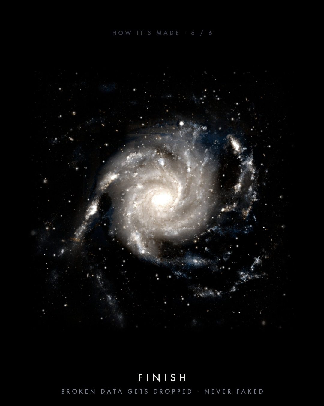 Stage 6, Finish: the completed natural-color image of M101, captioned "broken data gets dropped, never faked".
