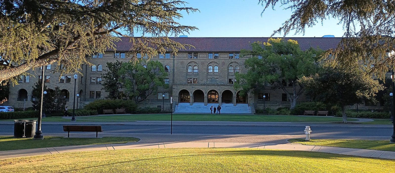 Encina Hall at Stanford University, the career fair venue, in late afternoon light